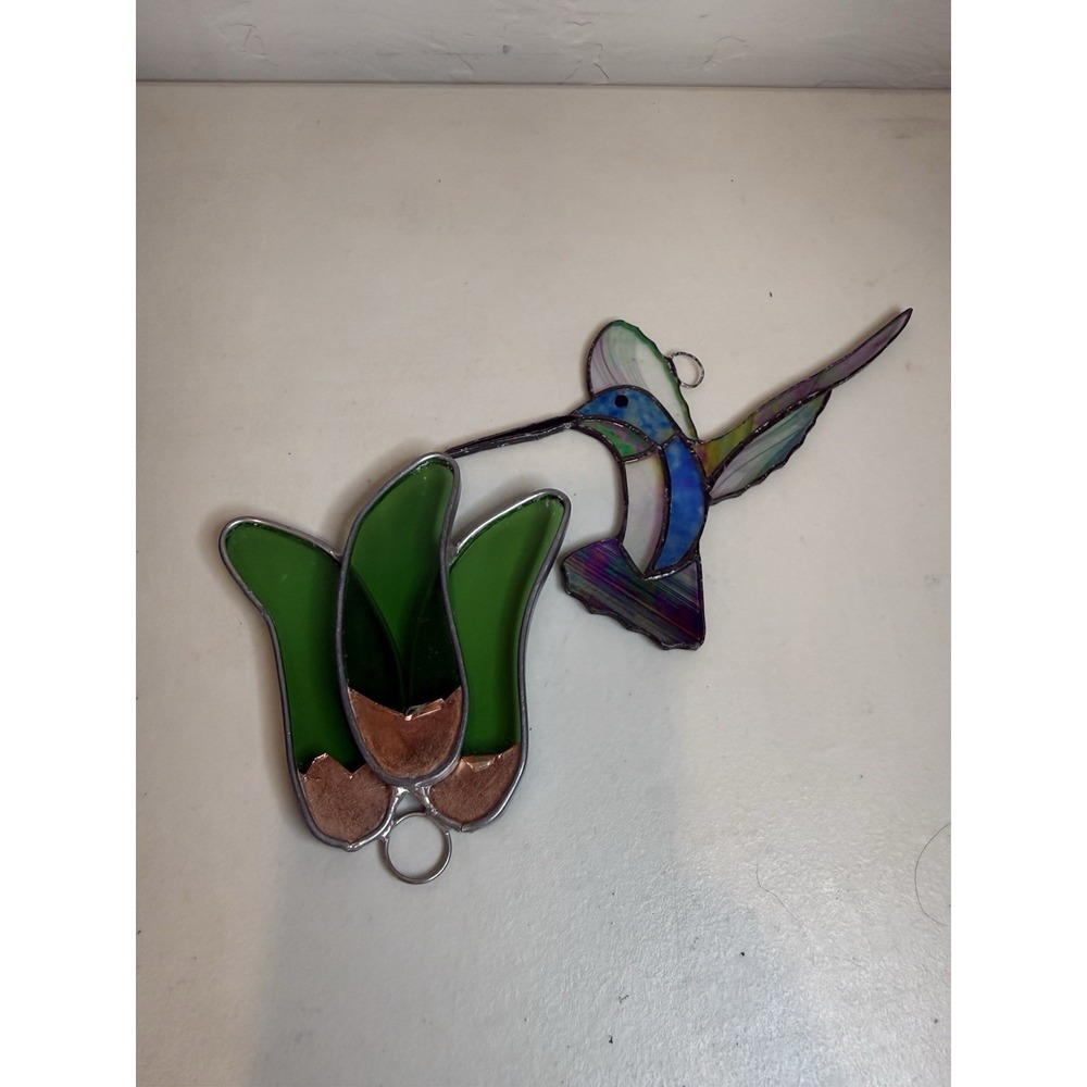 Vintage Stained Glass Hummingbird‎ & Green Flower Suncatcher Set